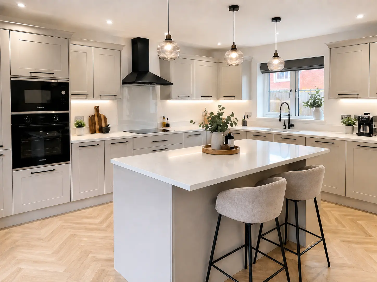 Completed Exigo Renovations kitchen with fitted cabinets, island and feature lighting